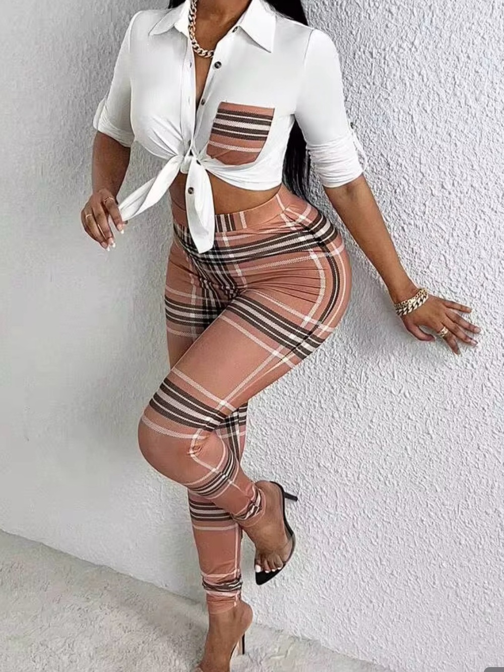SHEIN matching set Cream Button-Down Shirt with Brown Contrast Pocket